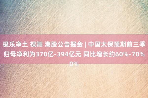 极乐净土 裸舞 港股公告掘金 | 中国太保预期前三季归母净利为370亿-394亿元 同比增长约60%-70%